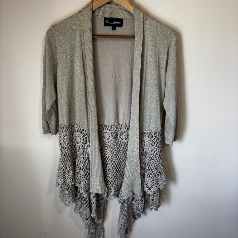 Temptation Women’s Small Metallic Gold Cardigan with Crochet Bottom 3/4 Sleeves